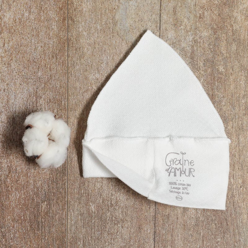 Bonnet bébé coton bio pointu brodé d'une petite feuille